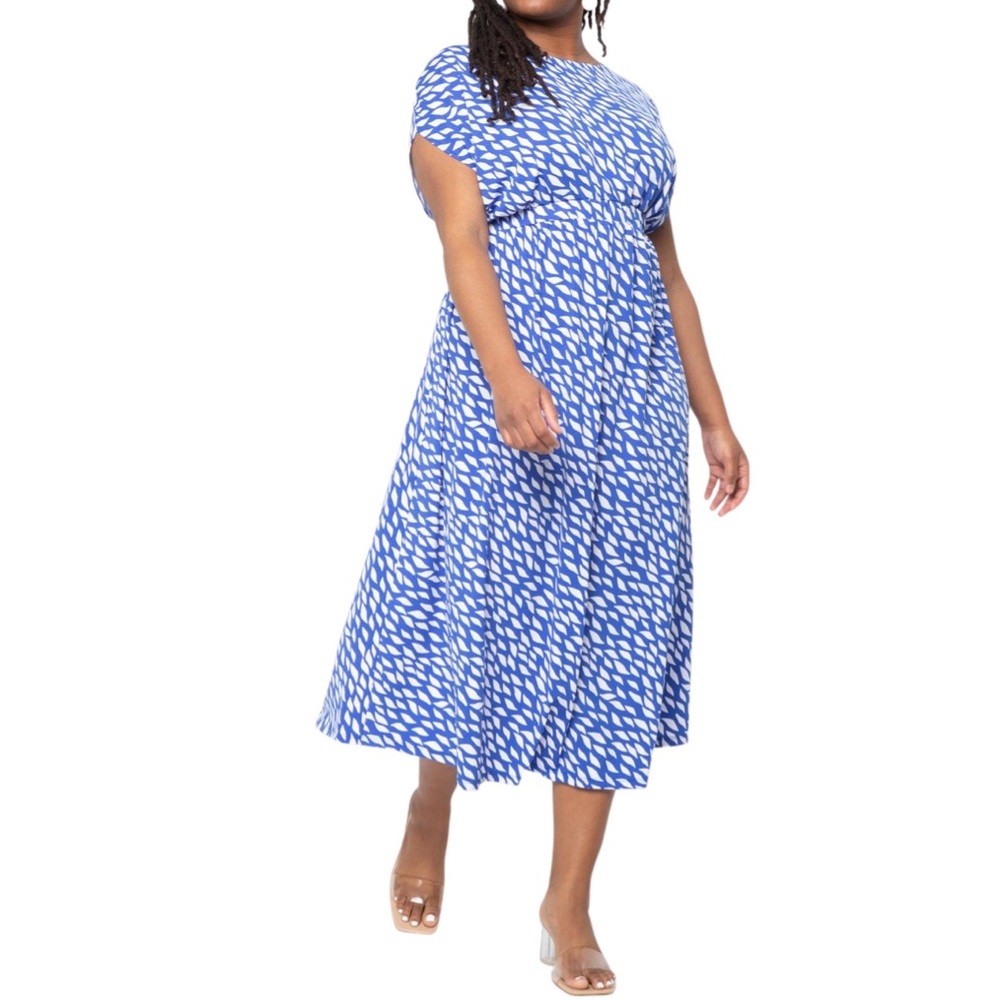 ELOQUII | NWT Blue White Print Drop Shoulder Blouson Midi Dress Plus Size 22/24